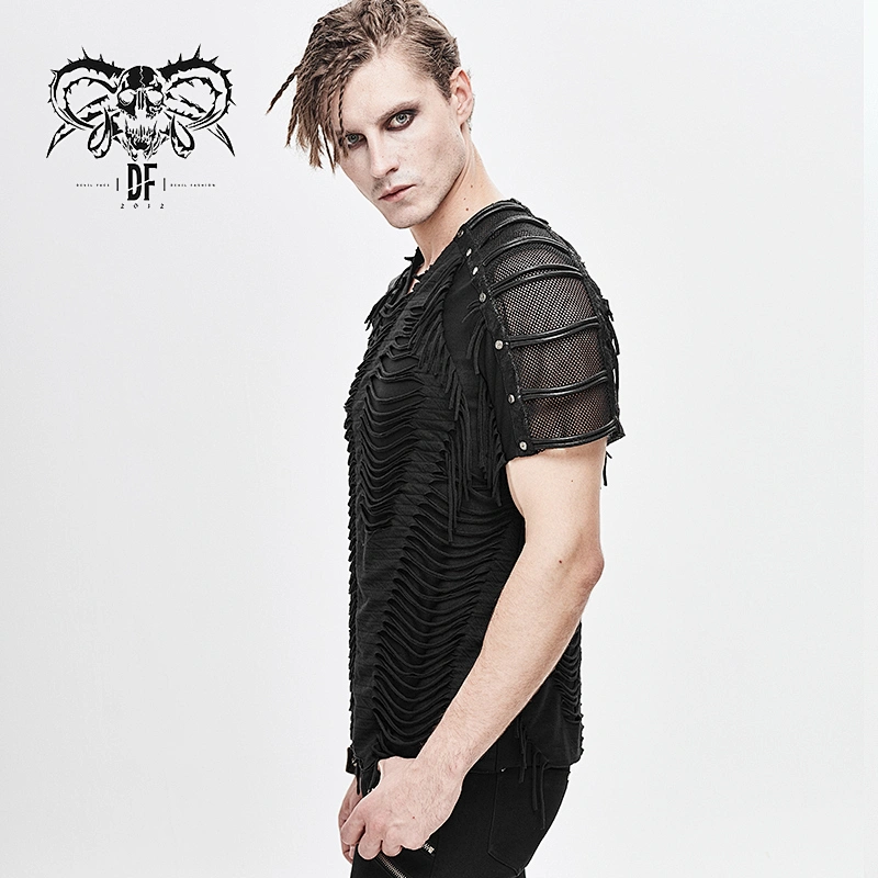TT138 summer stylish western fashion tattered striped men mesh short sleeves nailed punk rock T-shirts