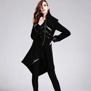 CT017 Devil fashion bat shape designer high collar leather straps gothic women long coats