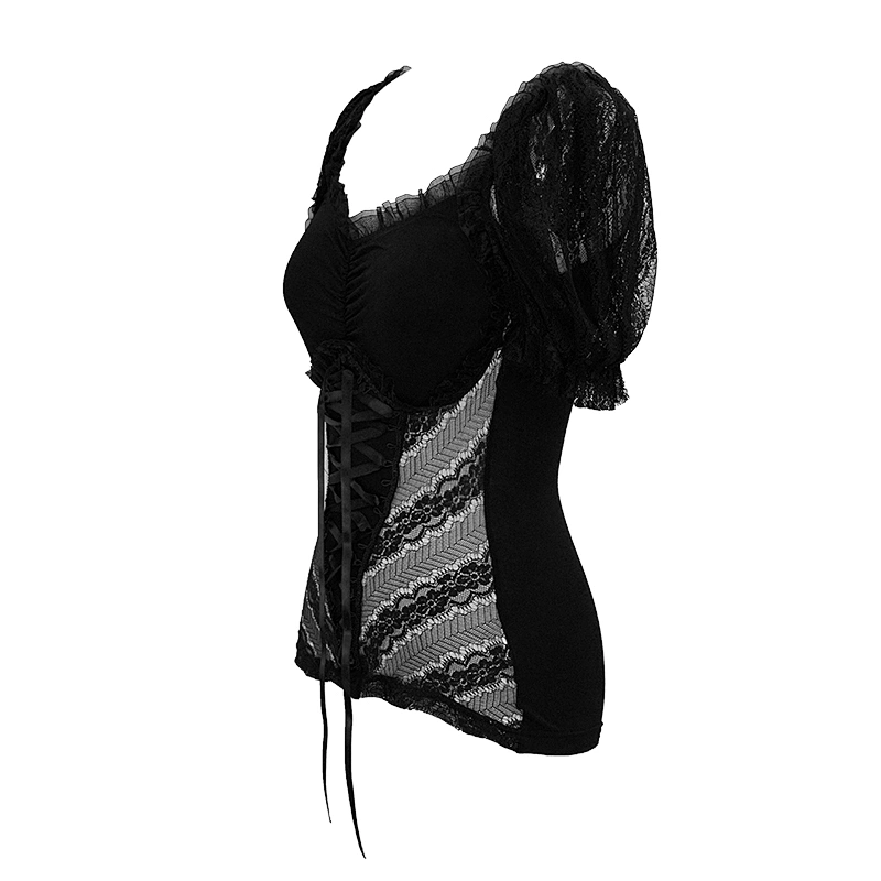 TT120 Summer corset look vertical flower lace bubble sleeve black sexy ladies skinny gothic T-shirt
