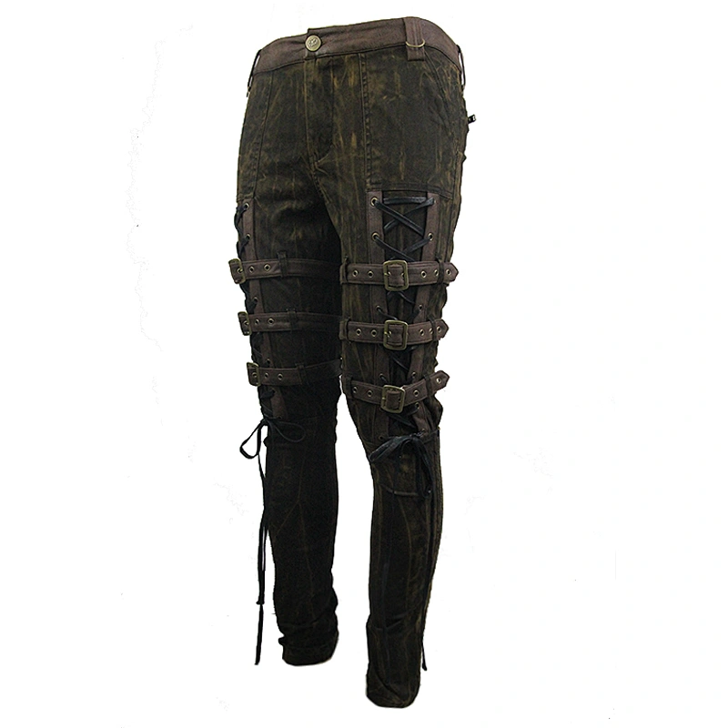 PT091 Devil fashion unique designs contrast color brown bandage men steampunk trousers with loops