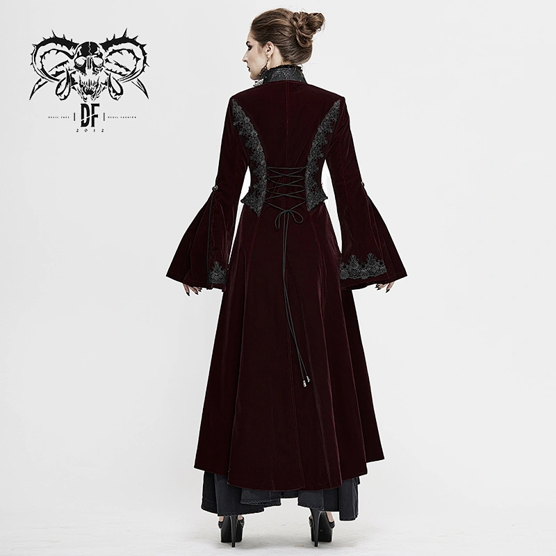 CT16202 Devil fashion appliqued lace waist flared sleeves elegant ladies wine long gothic party velvet coats