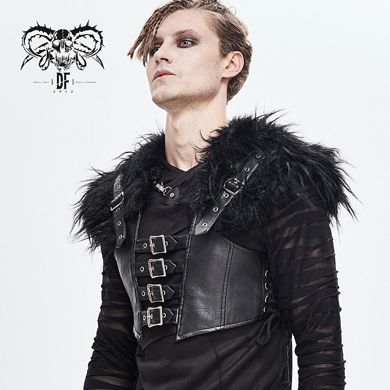 WT030 Hallowmas punk rock men fur shawl coarse textured short leather waistcoat with loops