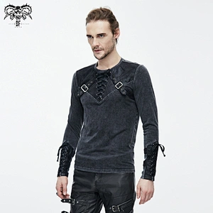 TT08201 Autumn laced up black faded O neck men long sleeves punk cotton T-shirt with loop