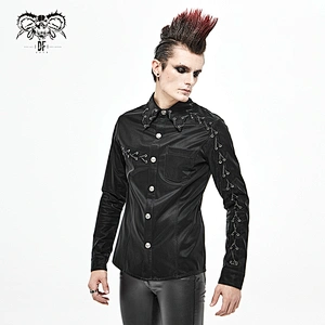 SHT066 daily life black punk chain drawstring glimmer fitted men smooth shirts with pocket