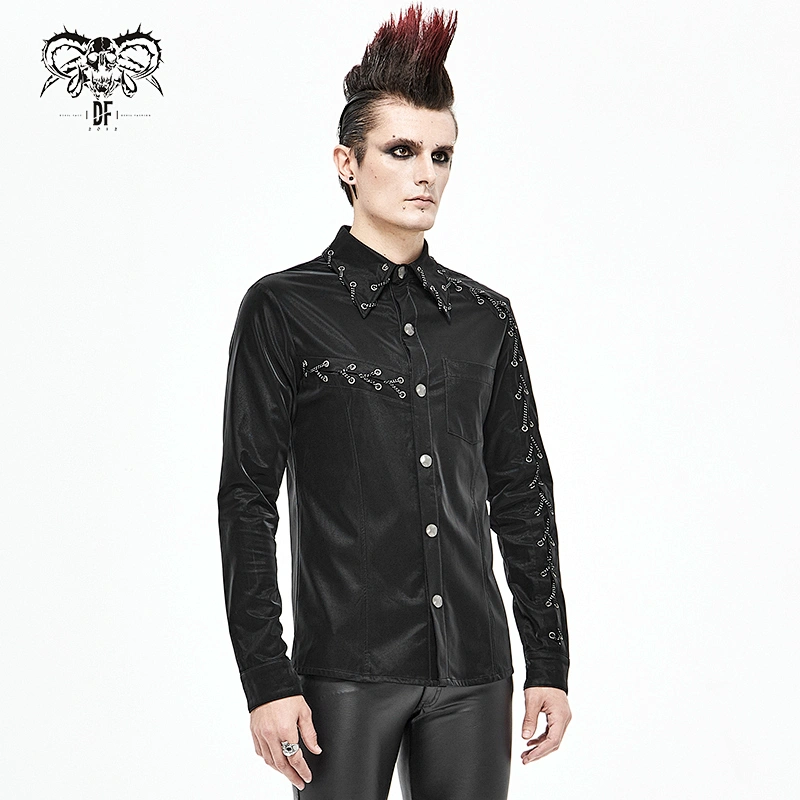 SHT066 daily life black punk chain drawstring glimmer fitted men smooth shirts with pocket