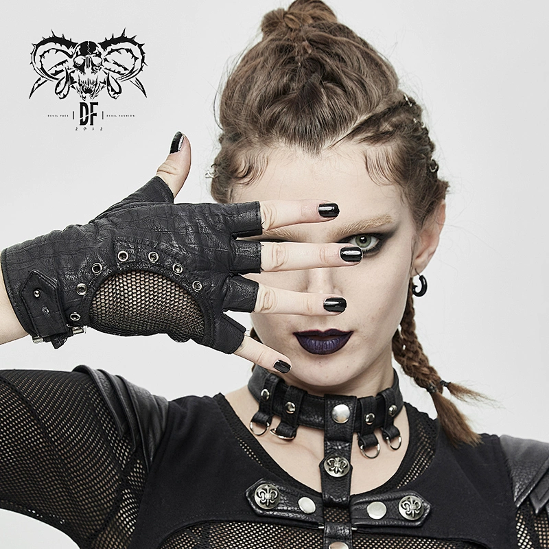 GE013 devil fashion punk Arc-shaped segmentation textured mesh women fitted short leather half-finger gloves