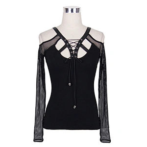 TT005 summer Punk leather shoulder strap lace up off the shoulder sexy women black T-shirt