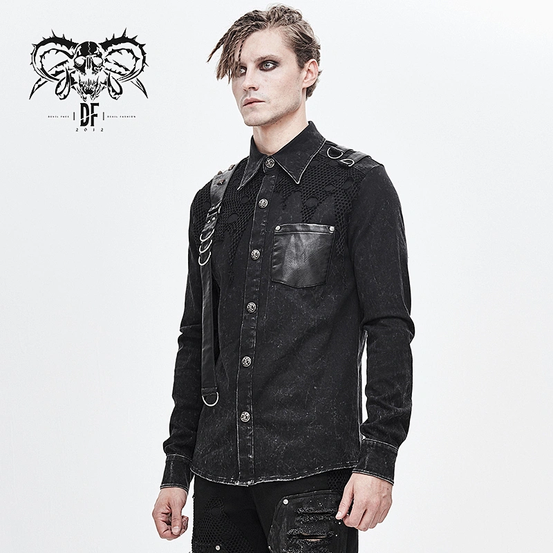 SHT049 Devil fashion Asymmetric punk rock leather pocket distressed denim men shirts with loops