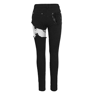 PT121 Devil fashion punk asymmetrically metallic broken holes ripped women pants with chains
