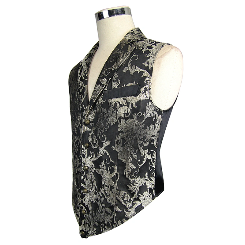WT012 mystery gothic court patterned single breasted black and silver printed jacquard men vest