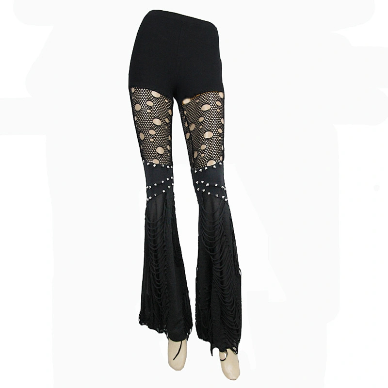 PT053 Devil fashion decadent feeling sexy ladies punk nailed black broken holes slim fit mesh flared pants
