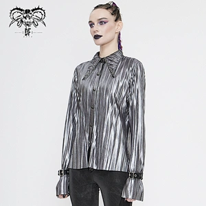 SHT05502 Cyberpunk pointed collar shine silvery pleated loose cool women blouse with loops