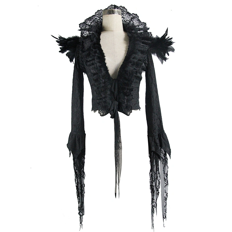 ECT006 Eva lady festival lace high collar ruffled sleeves black gothic pattern sexy deep V short jacket