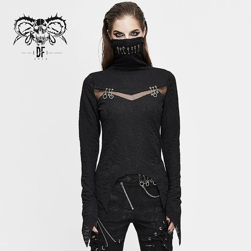 TT152 black sexy ladies turtleneck dark floral patterned pointed cuff punk slim T-shirt with pins