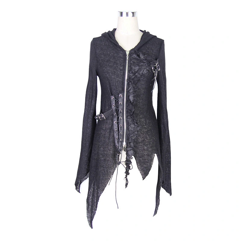 SR003 Halloween punk rock winter asymmetric knitwear zipper up torn women hooded cardigans