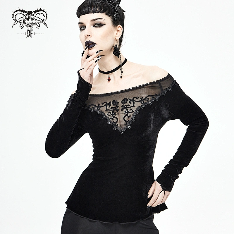 TT160 devil fashion flat shoulder floral lace neck black sexy women Gothic velvet fitted T-shirt