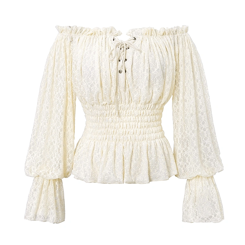 TT15102 beige elegant ladies everyday flat shoulder lace floral mesh lantern sleeves smocked fitted T-shirt