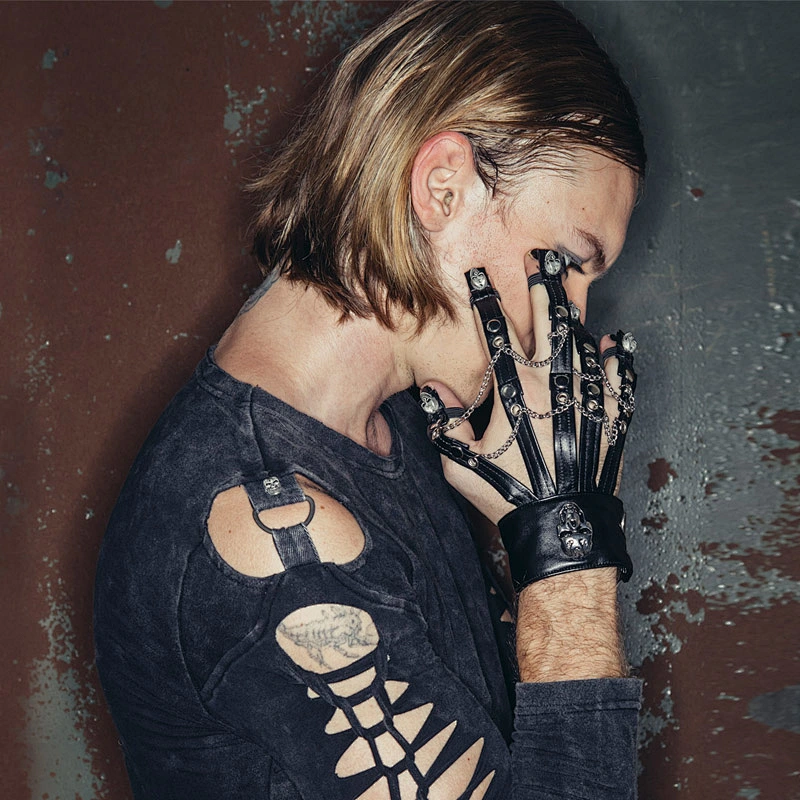 GE002 Devil fashion ghost head rivets spiked punk rock black men leather gloves