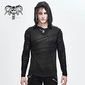 TT158 best seller darkness daily life irregular striped patchwork bandage men punk hooded T-shirt