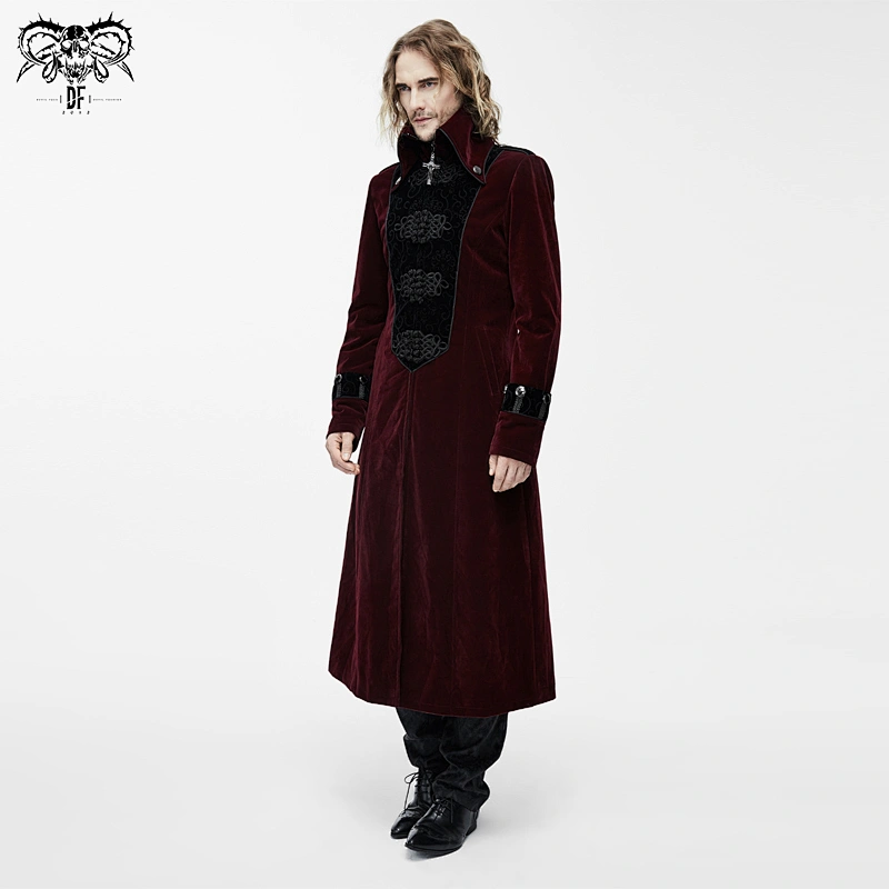 CT06602 devil fashion red palace stylish chinese frog turn down collar velvet gothic patterned men long coat