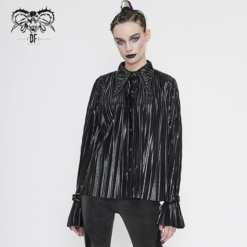 SHT05501 Cyberpunk pointed collar bright black pleated loose women blouse with loops