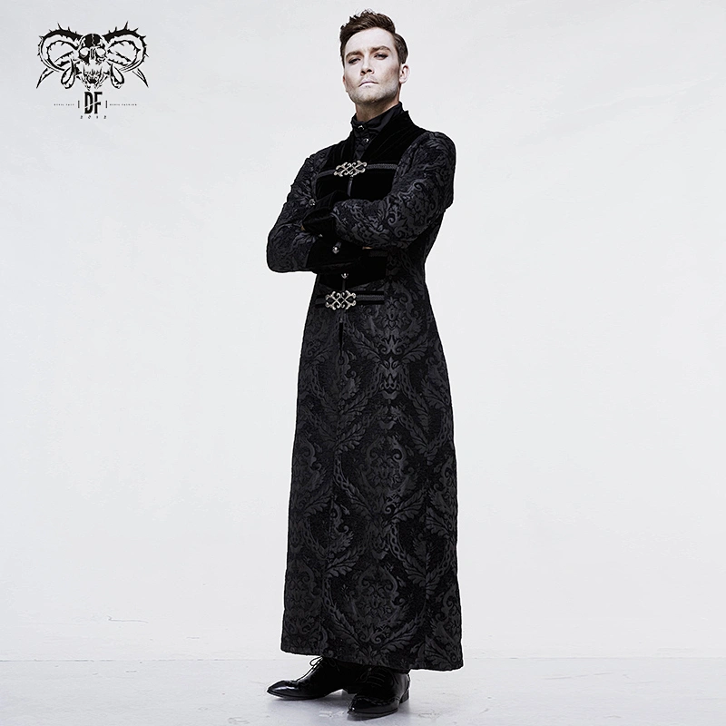 CT107 winter black jacquard metal buckle gothic patterned velveteen long men coat