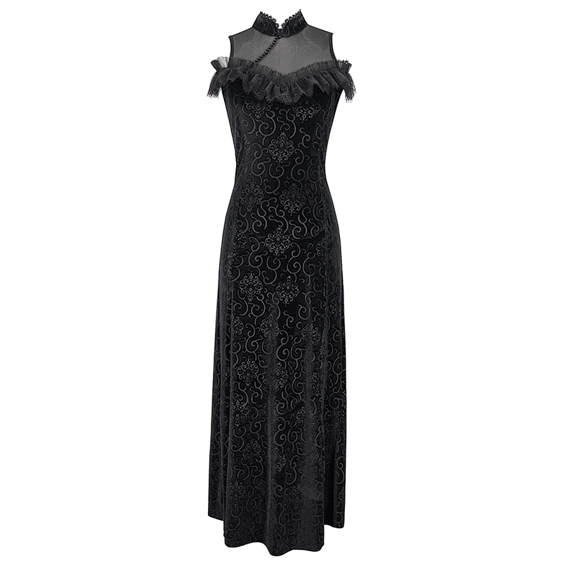 SKT128 everyday Gothic off the shoulder Cheongsam backless embossed velvet dress with high slit