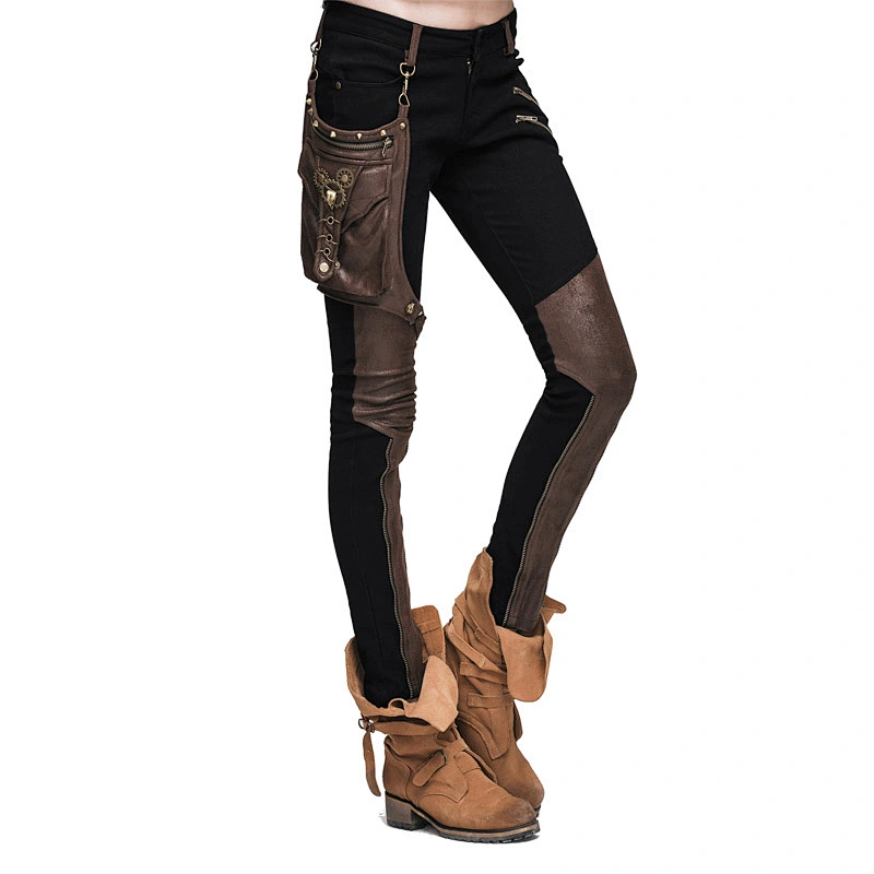 PT01802 Devil fashion black and brown contrast color women steampunk skinny pants with bag