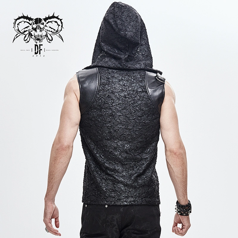 TT137 summer daily life leather stitched wrinkle knitted punk hooded men tops with metal rings