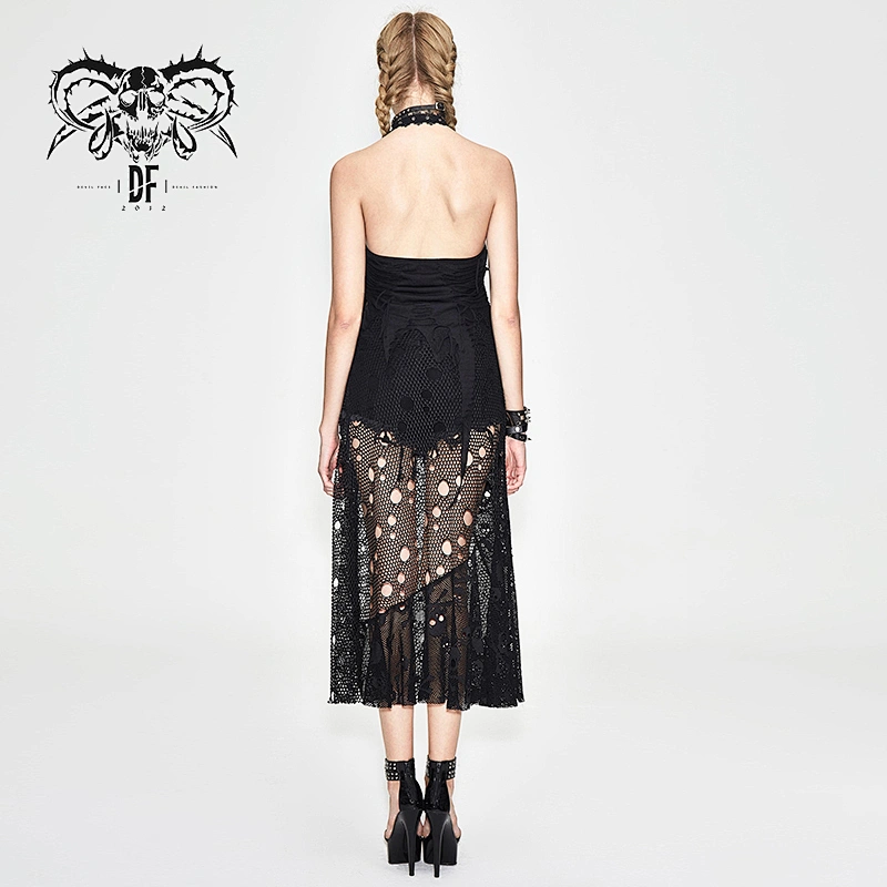 SKT079 summer sexy women backless broken holes mesh punk skull black long halter dress
