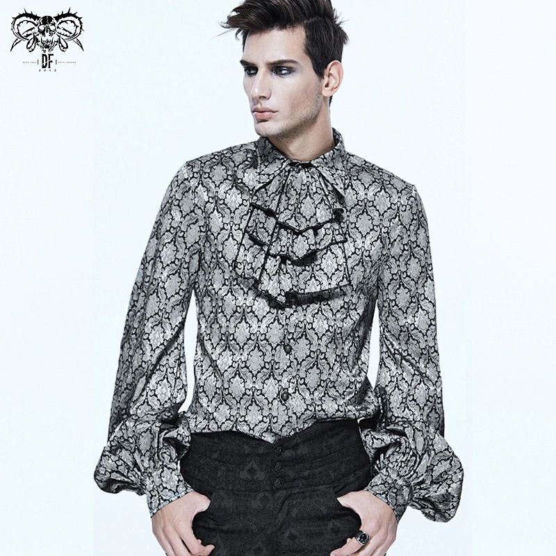 SHT026 Devil fashion black and silver Gothic basic style men jacquard shirts with bow tie
