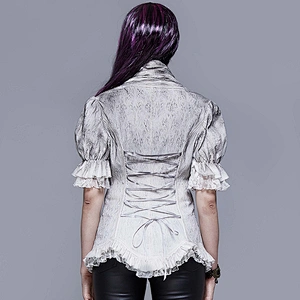 ESHT004 Eva lady daily life summer lotus leaf puff short sleeves painted V neck gray elegant lace up blouse