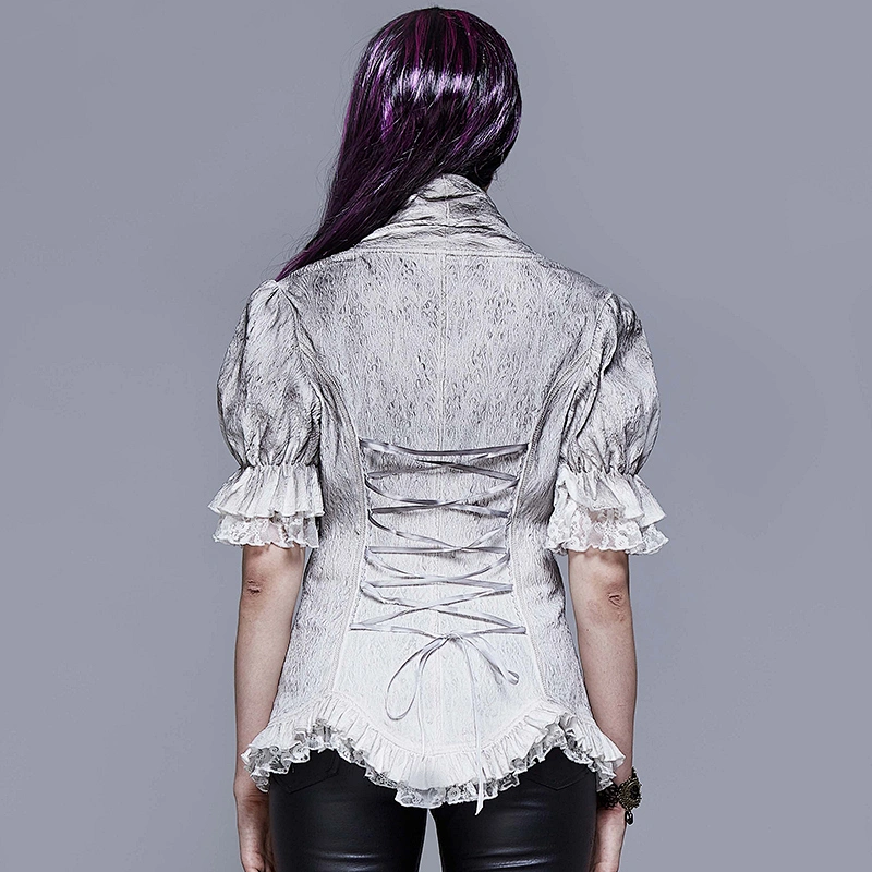ESHT004 Eva lady daily life summer lotus leaf puff short sleeves painted V neck gray elegant lace up blouse
