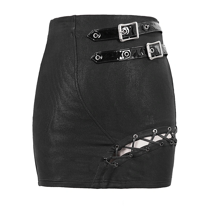 SKT114 Military uniform patent leather loops sexy ladies punk stretchy dark stripes mini wrap skirt