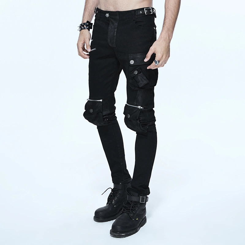 PT06701 Devil fashion stage leather pockets zipper decoration punk rock autumn black fitted trousers