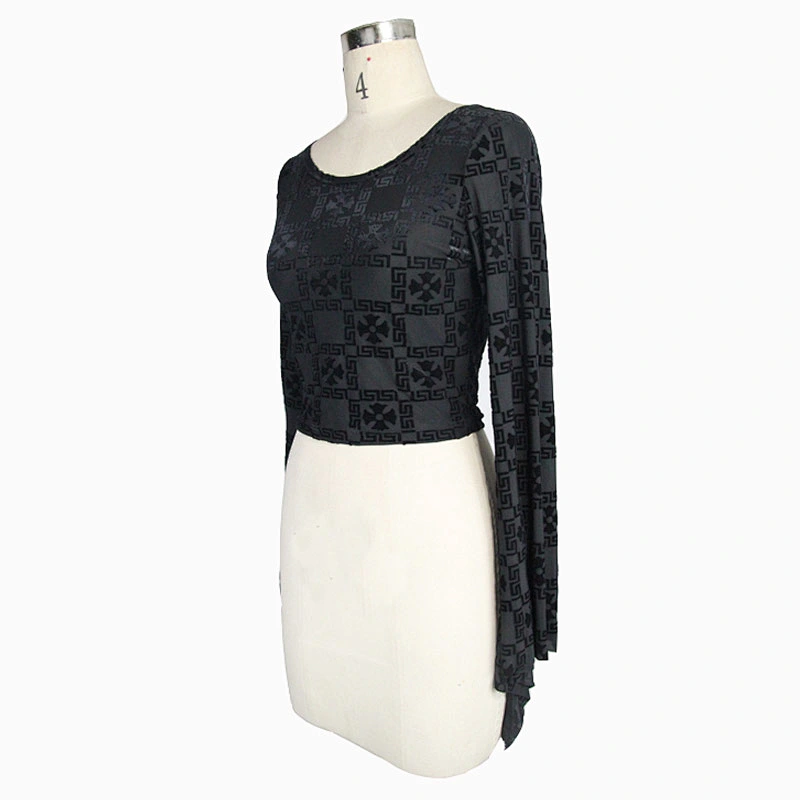 TT073 daily wearing O neck horn sleeves cross burnt out pattern velvet gothic sexy women short T-shirts