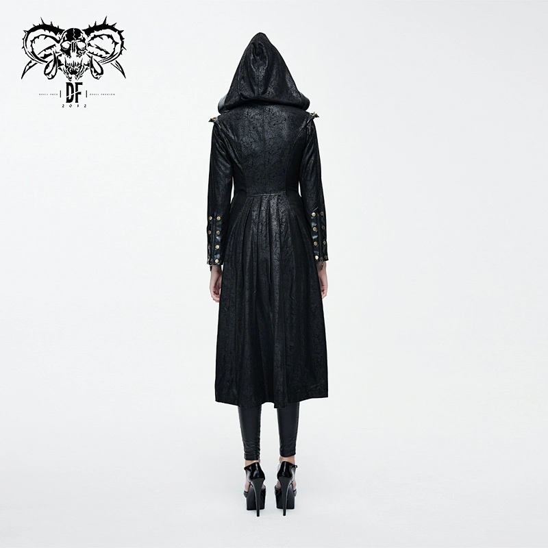 CT05601 Devil fashion double breasted spiked punk women black hooded leather coat with tail