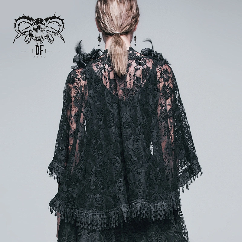 CA013 Devil fashion black rose sexy women gothic lace shawl with tassel