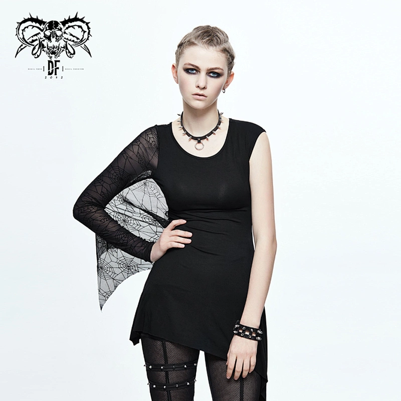TT071 summer daily life single side spider web mesh sleeve asymmetric women punk bat t-shirt