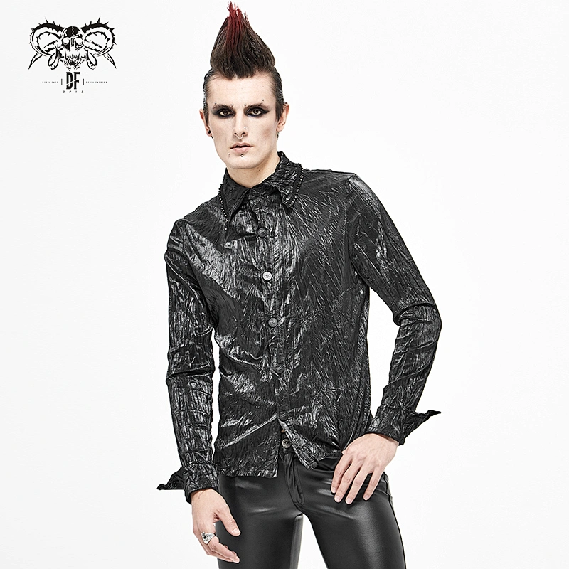 SHT067 devil fashion punk rock folded cuff shiny pleated basic style men shirts with braid
