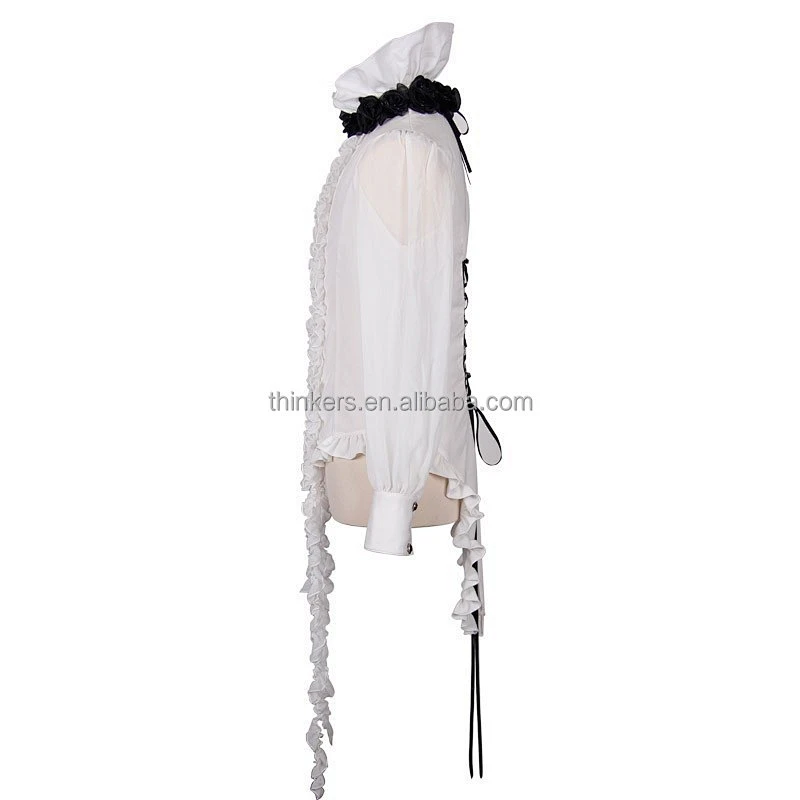 SHT00302 Devil fashion high collar Gothic white men chiffon ruffled dress shirts with bow tie