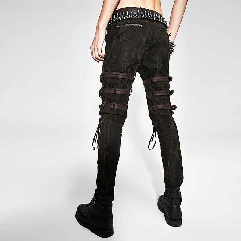 PT091 Devil fashion unique designs contrast color brown bandage men steampunk trousers with loops