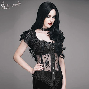 ECST001 Eva lady dancing party sexy women black gothic see through lace up corset with feather and flower