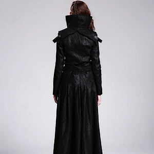CT013 Devil fashion stand collar punk women long zipper up black leather coats with loops