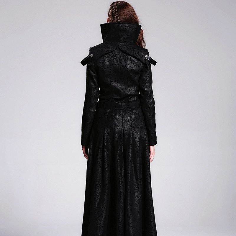 CT013 Devil fashion stand collar punk women long zipper up black leather coats with loops