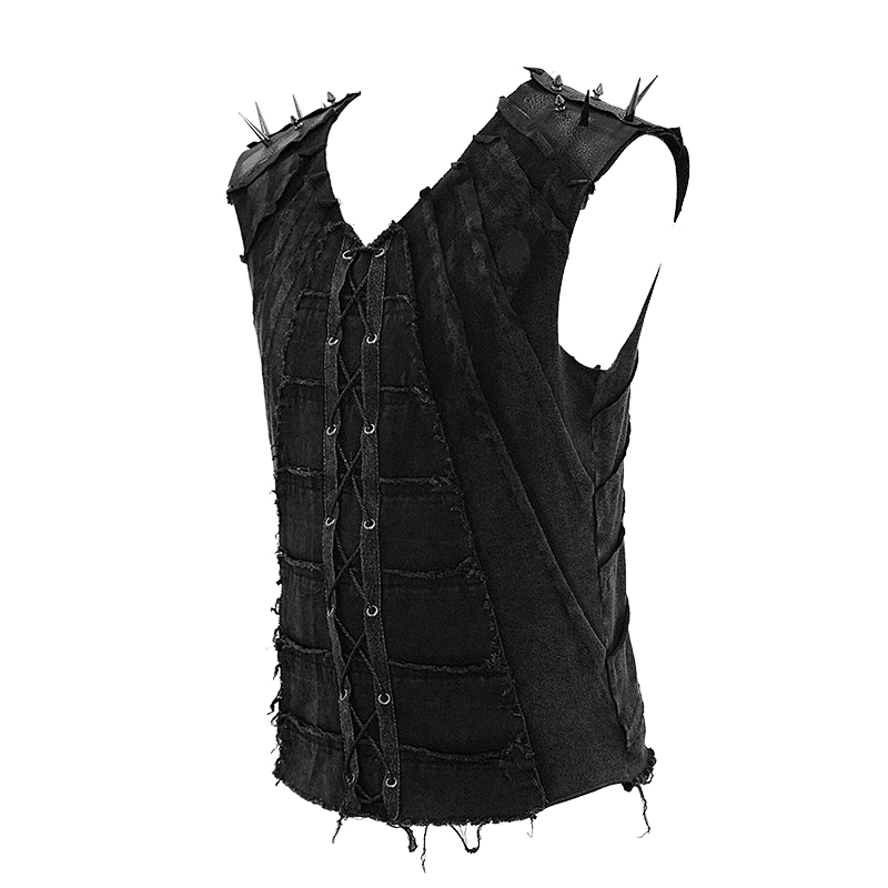 TT121 Summer biker patchwork raw edge laced braid distressed black punk men vest with rivets