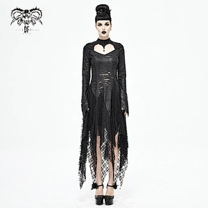SKT122 Gothic broken holes textured Dragon Spine rose lace mesh black sexy women hollow out dress