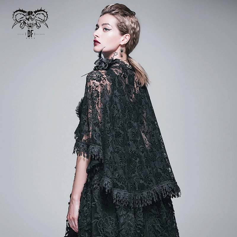 CA013 Devil fashion black rose sexy women gothic lace shawl with tassel