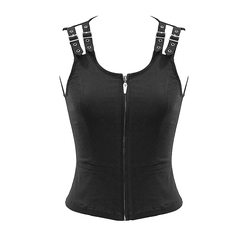 WT046 simple style double loops shoulder hollow out back zipper up punk women leather vest
