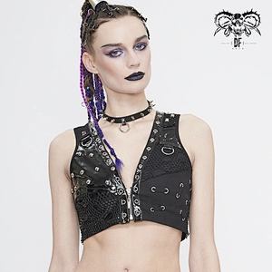 WT058 summer Punk rock asymmetric heavy metal sexy women black mini V neck vest with rivets